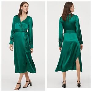 h and m green silk dress Women's Dark green Tie-Detail Satin Slip Dress